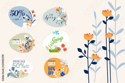 Spring sale labels collection. Vector illustrations of beauty, fashion, cosmetics, for graphic and web design, marketing material, product promotion, social media and online shopping.