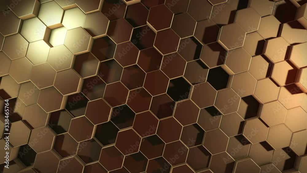 An abstract hexagonal geometric golden surface cyclically moves in virtual space. Chaotic vibrations of geometric shapes. Creating a dynamic wall of hexagons