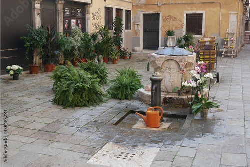 Ein Blumenhändler versorgt seine Blumen mit einer orangenen Gießkanne auf einem Campo im Centro Storico der Lagunenstadt Venedig mit Wasser aus einem historischen Brunnen.