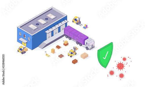 Isometric covid-19 safety warehouse delivery service transport box package goods food parcel cargo vector illustration