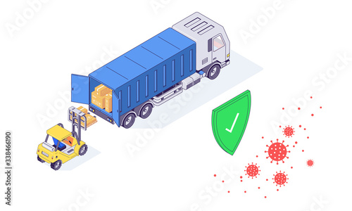 Isometric warehouse coronavirus safety logistic service transport box package goods food parcel vector illustration