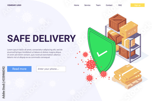 Covid-19 coronavirus epidemic safety service express delivery box package goods food parcel cargo vector illustration