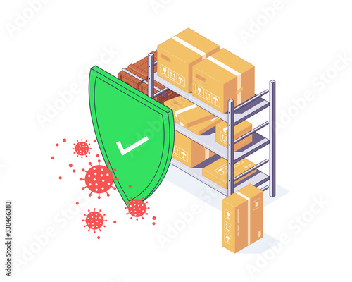 Isometric Covid-19 safety service fast delivery transportation box package goods food parcel cargo vector illustration