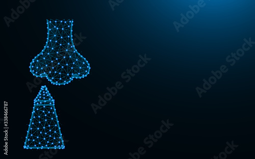 Nose and nasal spray made from points and lines on dark blue background, rhinitis treatment wireframe mesh polygonal vector illustration