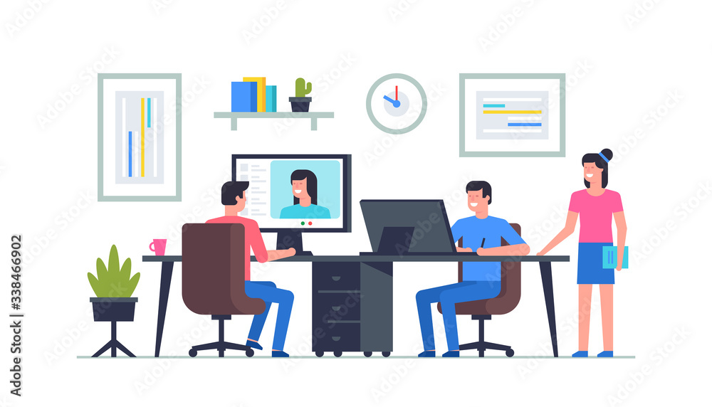 Work in office. Office business concept. Group of office workers. Remote team work. Flat Style. isolated on white background Work in office. Office business concept. Group of office workers. Remote team work. Flat Style. isolated on white background