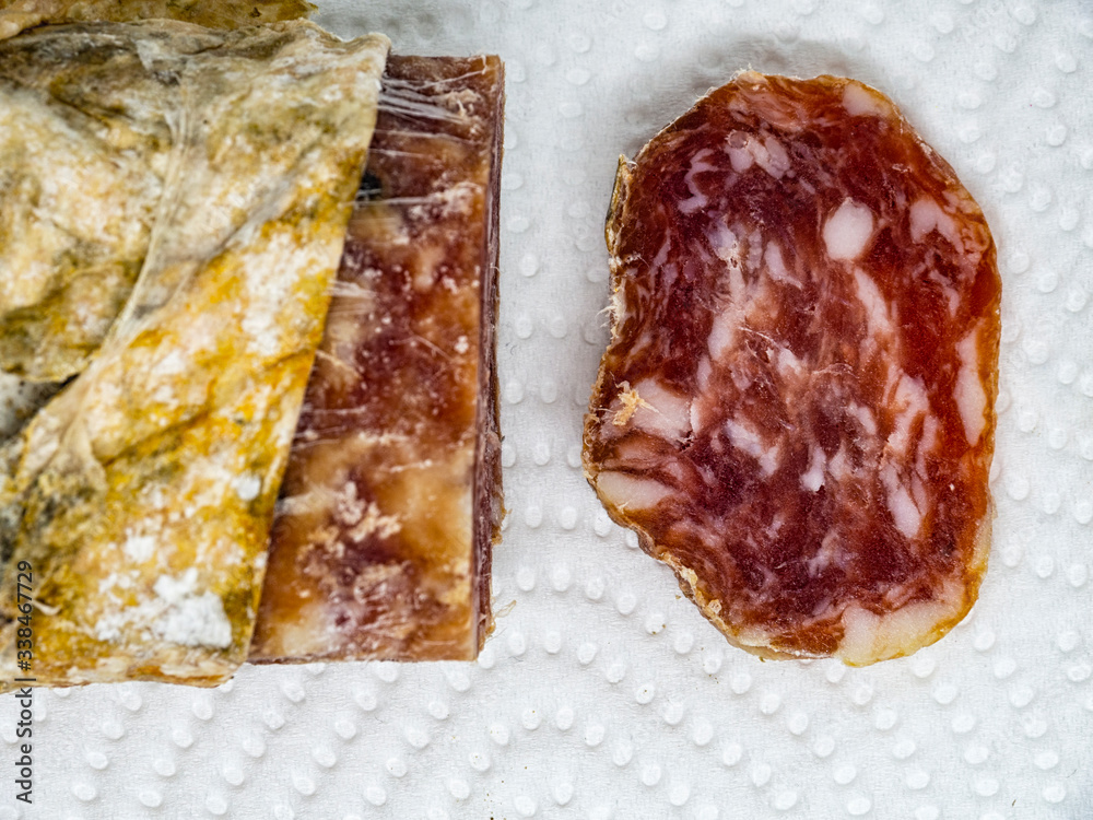 Slice of salami close-up Slice of salami close-up