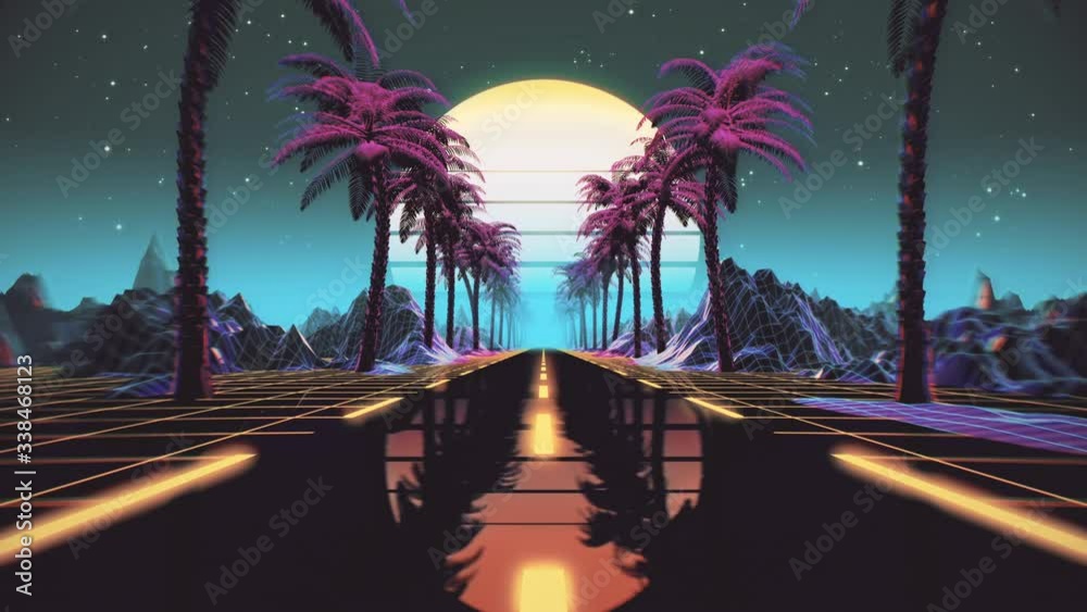 80s retro futuristic sci-fi seamless loop. Retrowave VJ videogame landscape, neon lights and low poly terrain grid. Stylized vintage vaporwave 3D animation background with mountains, sun and stars. 4K