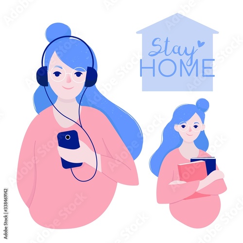 Staying home with self quarantine. Coronavirus outbreak. A girl home. Covid-19 virus in air. Protect from viruses