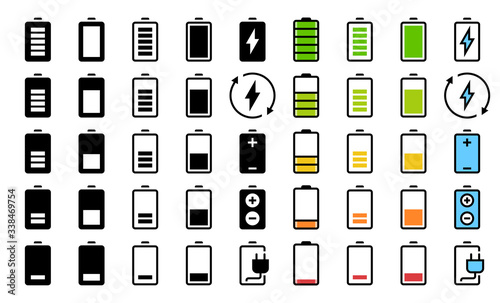 Battery Charging Indication, Level or State of Charge Vector Icon Set