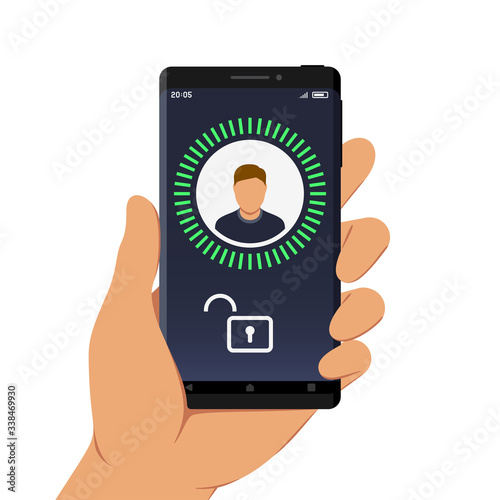 Hand Holding Smartphone with Face ID or Facial Recognition App on Its Screen, Flat Design Style Illustration