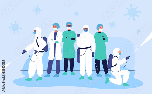 Disinfectors protect medical doctors team from coronavirus, covid character flat concept vector illustration. People in special hazmat suits spraying space with sanitizer to clean it from pathogen