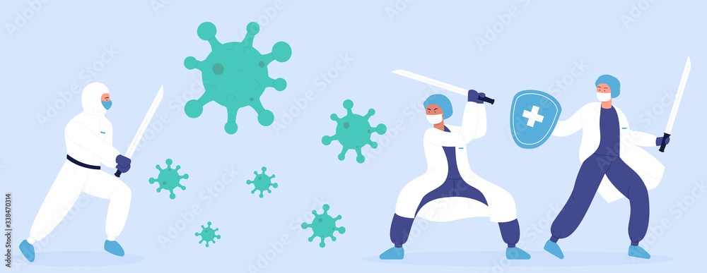Stop corona virus 2019-nCoV vector illustration concept. Doctors and medical health care professionals ninja team in special hazmat suits fighting with coronavirus pandemic using katana sword Stop corona virus 2019-nCoV vector illustration concept. Doctors and medical health care professionals ninja team in special hazmat suits fighting with coronavirus pandemic using katana sword