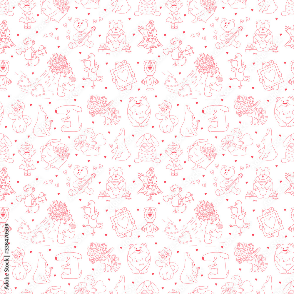 Valentine's day Vector Seamless pattern for kids. Valentine Background with Cute Cartoon Animals with Hearts and Flowers. Funny Teddy Bears, Rabbits, Birds, Cat, Dog and Mouse. Coloring Page
Valentine's day Vector Seamless pattern for kids. Valentine Background with Cute Cartoon Animals with Hearts and Flowers. Funny Teddy Bears, Rabbits, Birds, Cat, Dog and Mouse. Coloring Page