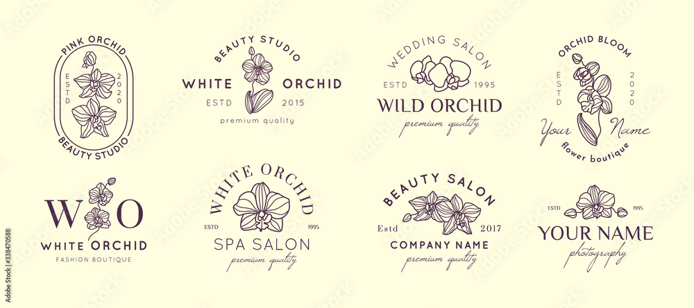 Set Orchid logos design templates in simple minimal linear style. Vector floral emblem and icon.