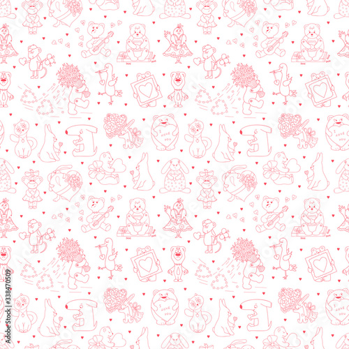 Valentine's day Vector Seamless pattern for kids. Valentine Background with Cute Cartoon Animals with Hearts and Flowers. Funny Teddy Bears, Rabbits, Birds, Cat, Dog and Mouse. Coloring Page
