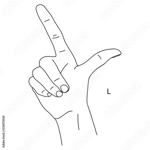 L is the twelfth letter of the alphabet in sign language. Gesture in the form of the letter l, the index finger shows up, the thumb to the side. Black and white hand drawing for educational cards