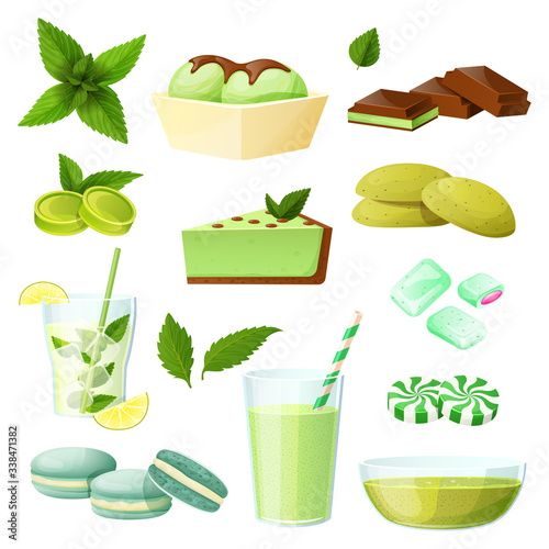 Mint food set, collection of desserts and beverages isolated on white, vector illustration. Refreshing mojito drink, summer cafe menu. Fresh spearmint smoothie, cake with mint flavor, candy, ice cream