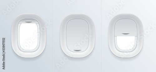 Realistic Detailed 3d Blank Airplane Window Template Mockup Set. Vector