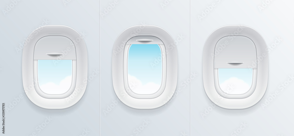 Realistic Detailed 3d Airplane Window with Blue Sky View Set. Vector Realistic Detailed 3d Airplane Window with Blue Sky View Set. Vector