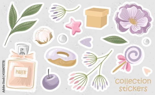 Romantic stickers with flowers, branches and cute elements. Printing on paper, fabric,
 and tableware. Vector illustration.