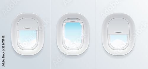 Realistic Detailed 3d Airplane Window with Blue Sky View Set. Vector