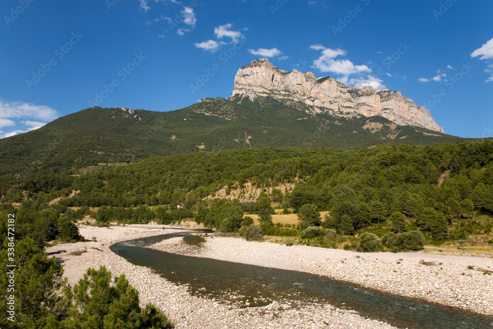 Mountain and river views of Parque National de Ordesa near Ainsa, Huesca, Spain in Pyrenees Mountains
