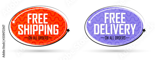 Free Shipping and Free Delivery tags, promo banners design template, vector illustration