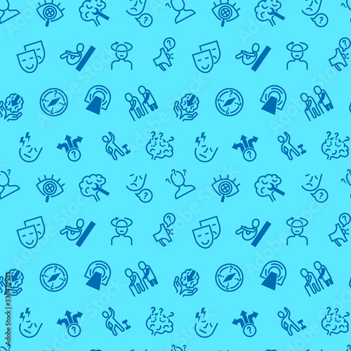 Alzheimer's disease symptoms seamless pattern. Memory loss, speech violation, incoordination, mood changes, orientation problems, MRI, intellectual decline. Thin line icons. Vector illustration.