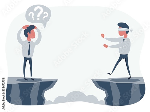 blindfolded businessman walk to the cliff. Business concept. Vector flat design illustration.