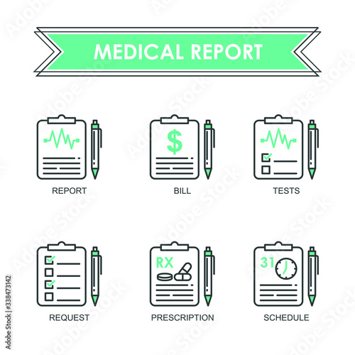 Medical Report Icon Set, such us Report, Bill, Tests, request, prescription and schedule, with black and green color