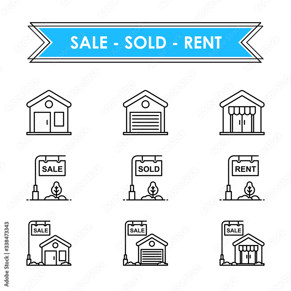 Fototapeta premium Icon set of Sale, Sold and rent building , such us home, garage, store and other