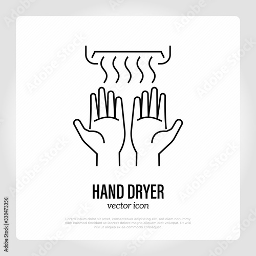 Hands under hand dryer. Thin line icon. Restroom equipment. Vector illustration.