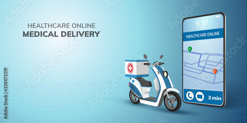 Digital Online healthcare transport Doctor Delivery Icon on Scooter with phone, mobile website background. concept for emergency health medical . 3D vector Illustration. flat design. copy space