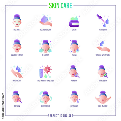 Skin care: facial mask, cleansing foam, face serum, moisturizer, under eye patches, toning, skin treatment, spf, facial massage. Gradient icons set. Vector illustration.