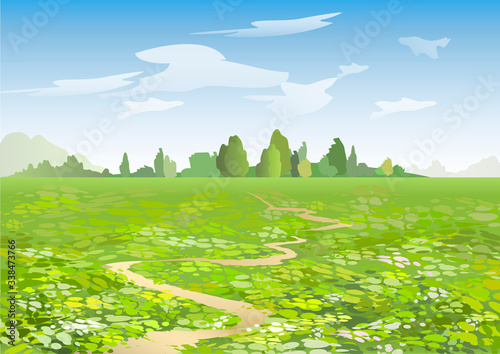 Cartoon summer landscape with flowering field and the path. Vector illustration.