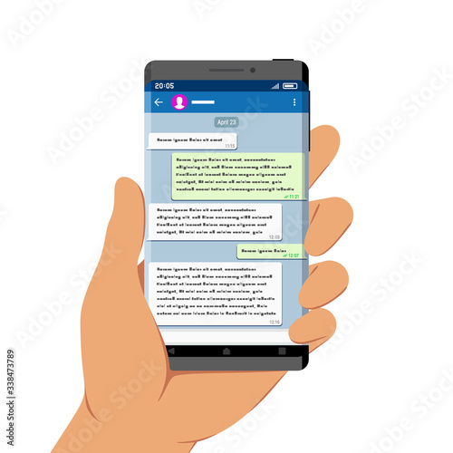Hand Holding Smartphone with Messenger App on Its Screen, Flat Design Style Illustration