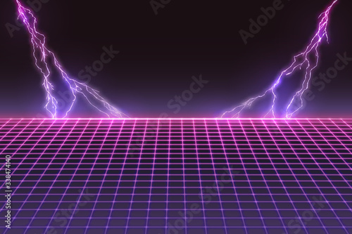 Laser Grid with Bolts of Lightning. Retro Futuristic Template in 80s Style. Synthwave, Retrowave, Vaporwave Theme