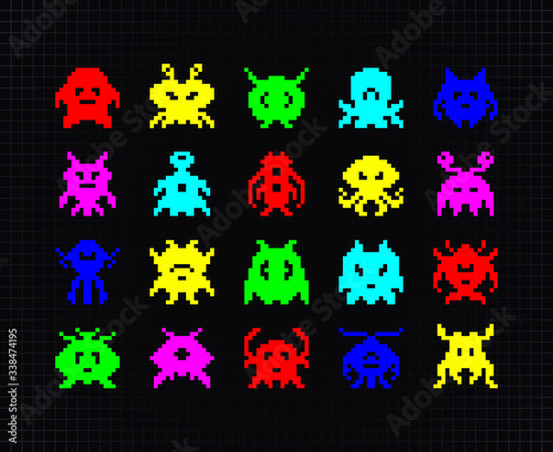 Set of Colorful Pixel Art Monsters or Aliens