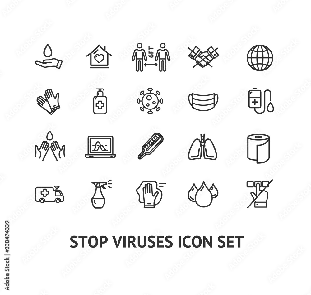Viruse Stop Sign Black Thin Line Icon Set. Vector Viruse Stop Sign Black Thin Line Icon Set. Vector