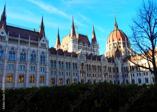 View of the Hungarian Parliament Building (Orszaghaz) in Budapest, Hungary. It is the seat of the National Assembly of Hungary and a popular tourist destination in Budapest. © miff32