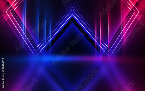 Empty dark abstract background. Background of empty show scene. Glow of neon lights and neon figures on an empty concert stage. Reflection of light on the pavement.