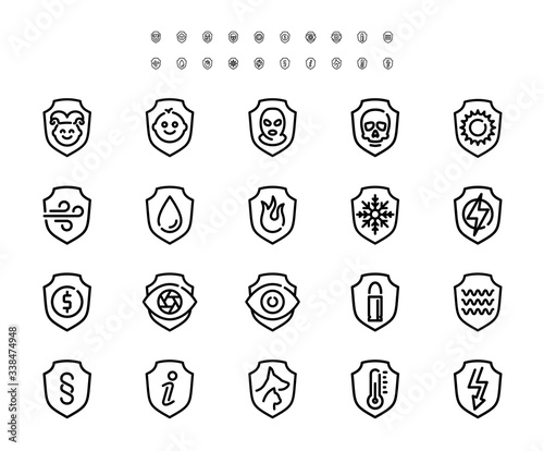 Resistance, Protection from External Influence and Guarding Related Vector Icon Set in Outline Style, 48x48 Pixel Perfect