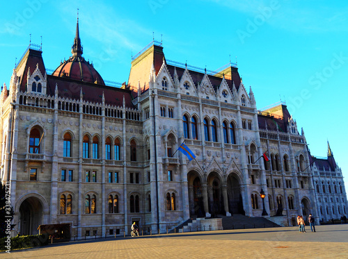 View of the Hungarian Parliament Building (Orszaghaz) in Budapest, Hungary. It is the seat of the National Assembly of Hungary and a popular tourist destination in Budapest.