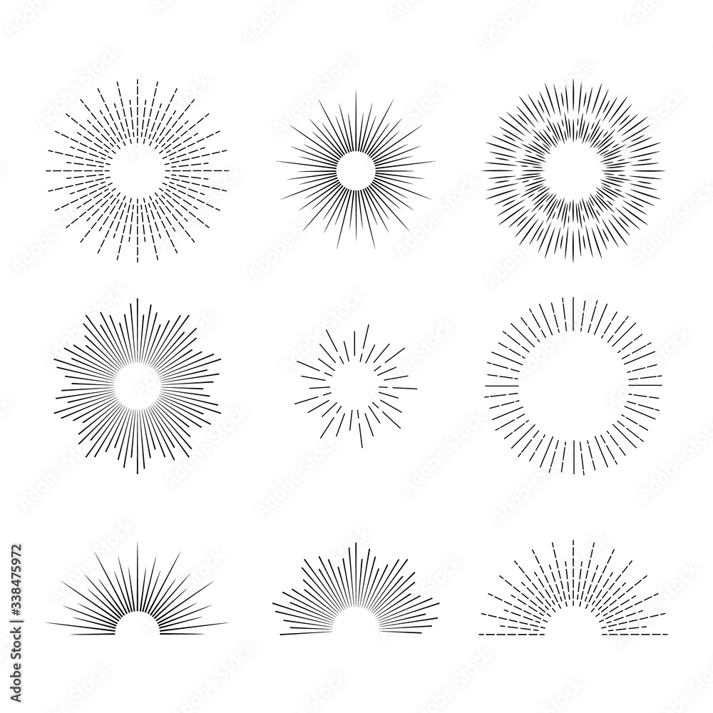 Retro linear sunrise icon. Sunburst line element for geometry background. Circle rays explotion for logo. Sun burst creative decoration. Vintage minimal radiant sparkles. Simple stars. vector.