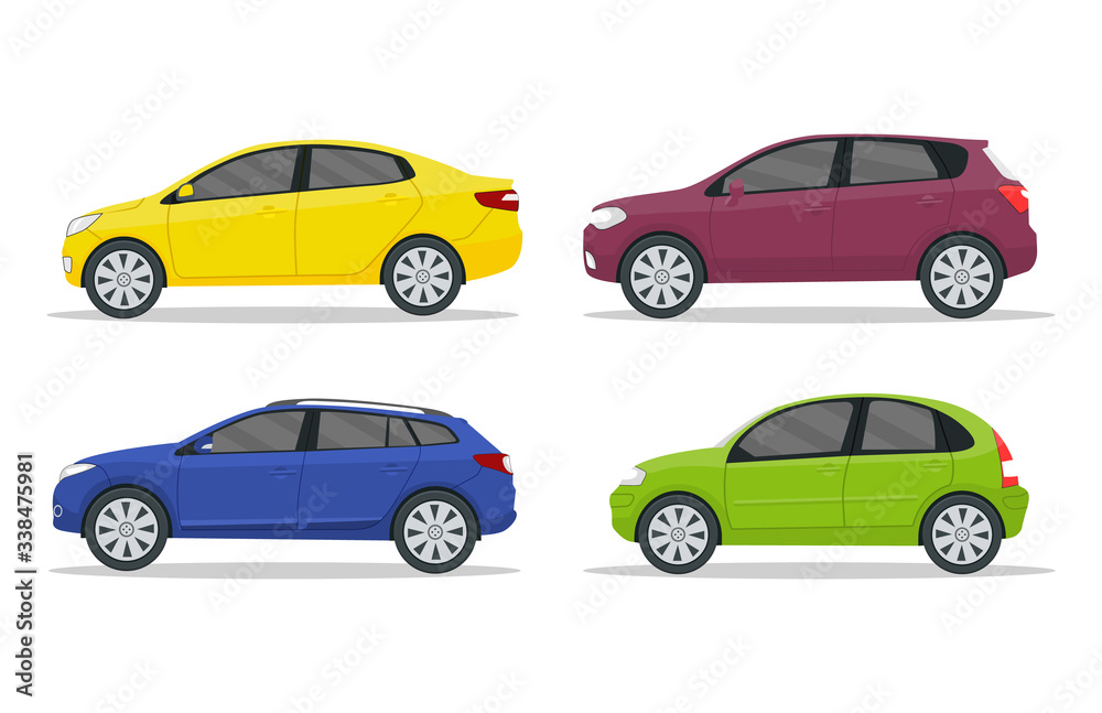 Flat car in side view for race. Cartoon vehicle collection on isolated background. Sport jeep, sedan, universal for family trip. Yellow, blue machine cab design. automobile cab. vector illustration.