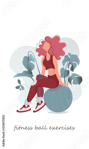 Sport.Girls.Fitness ball exercises.Modern flat.Vector illustration.