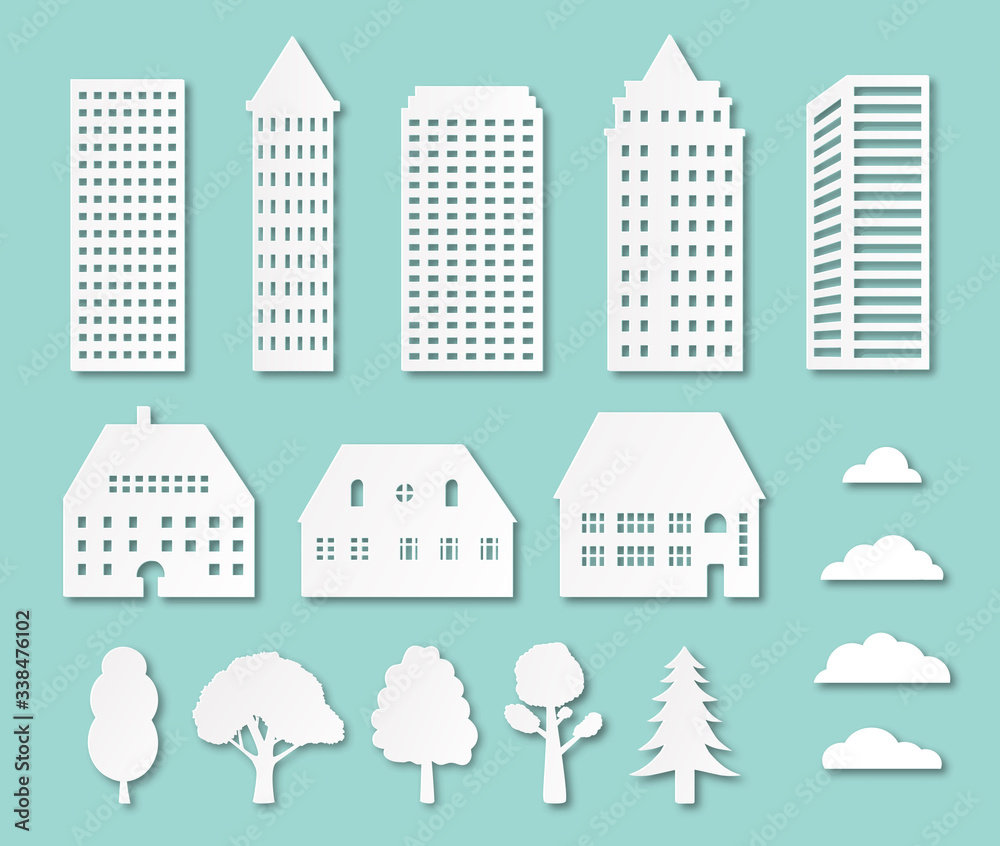 Paper buildings, city origami for paper cut background. Cardboard house silhouettes for construction of town. 3d cottage apartment for cityscape.White urban element corporate office. Design vector.
