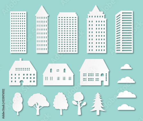 Paper buildings, city origami for paper cut background. Cardboard house silhouettes for construction of town. 3d cottage apartment for cityscape.White urban element corporate office. Design vector.