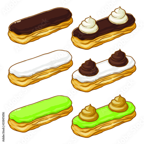 Set of various eclairs with glaze