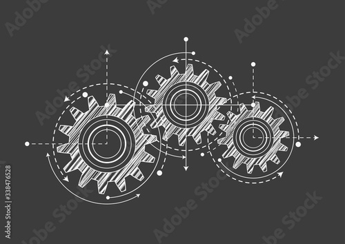 Technological background .Technical drawing of gears .Rotating mechanism of round parts . Vector illustration.	